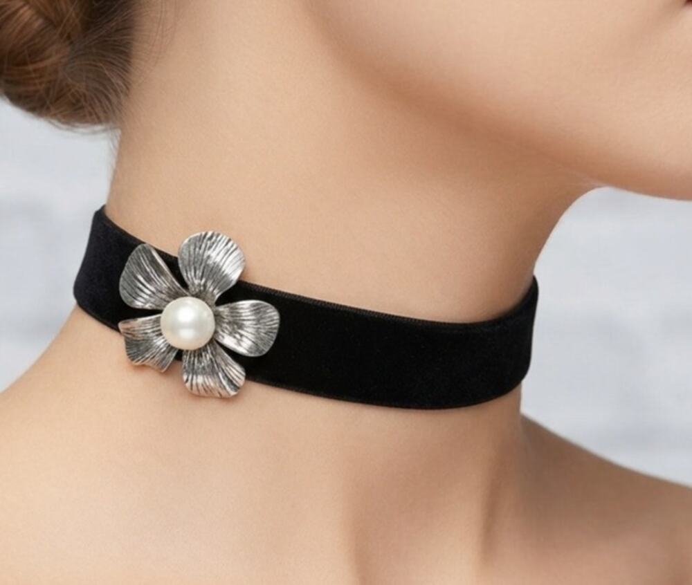 Handmade Black Velvet Choker Necklace with Offset Pearl Metal Flower Button
